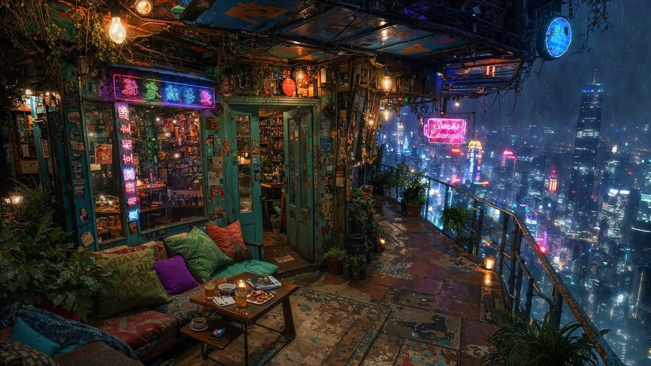 【雨夜赛博避难所】全息雨夜咖啡馆☕ 雨幕中的未来都市休憩层，霓虹天际线Chill氛围 | 4K动态自习室💽 失眠患者的电子解药