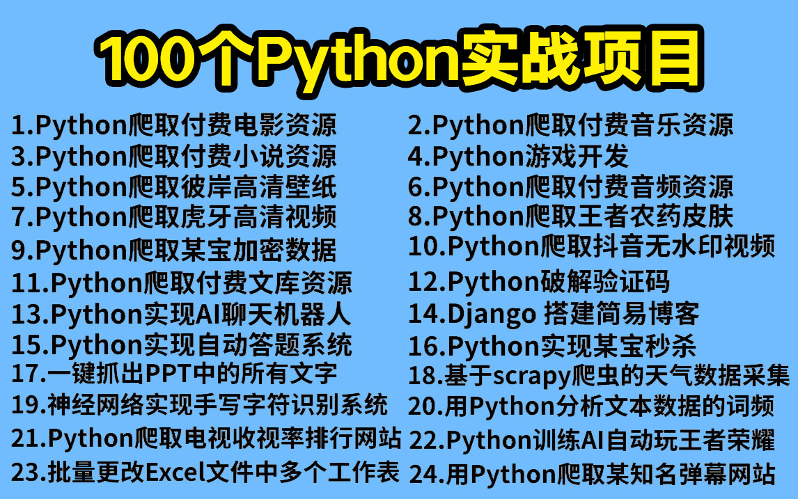 【附源码】100个Python实战项目，练完即可就业，从入门到进阶，学完可自己爬取，超级适合新手入门学习！