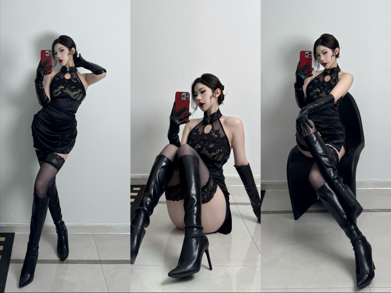 当皮革缚住玲珑相思🫘暗黑新中式镂空旗袍+皮靴手套