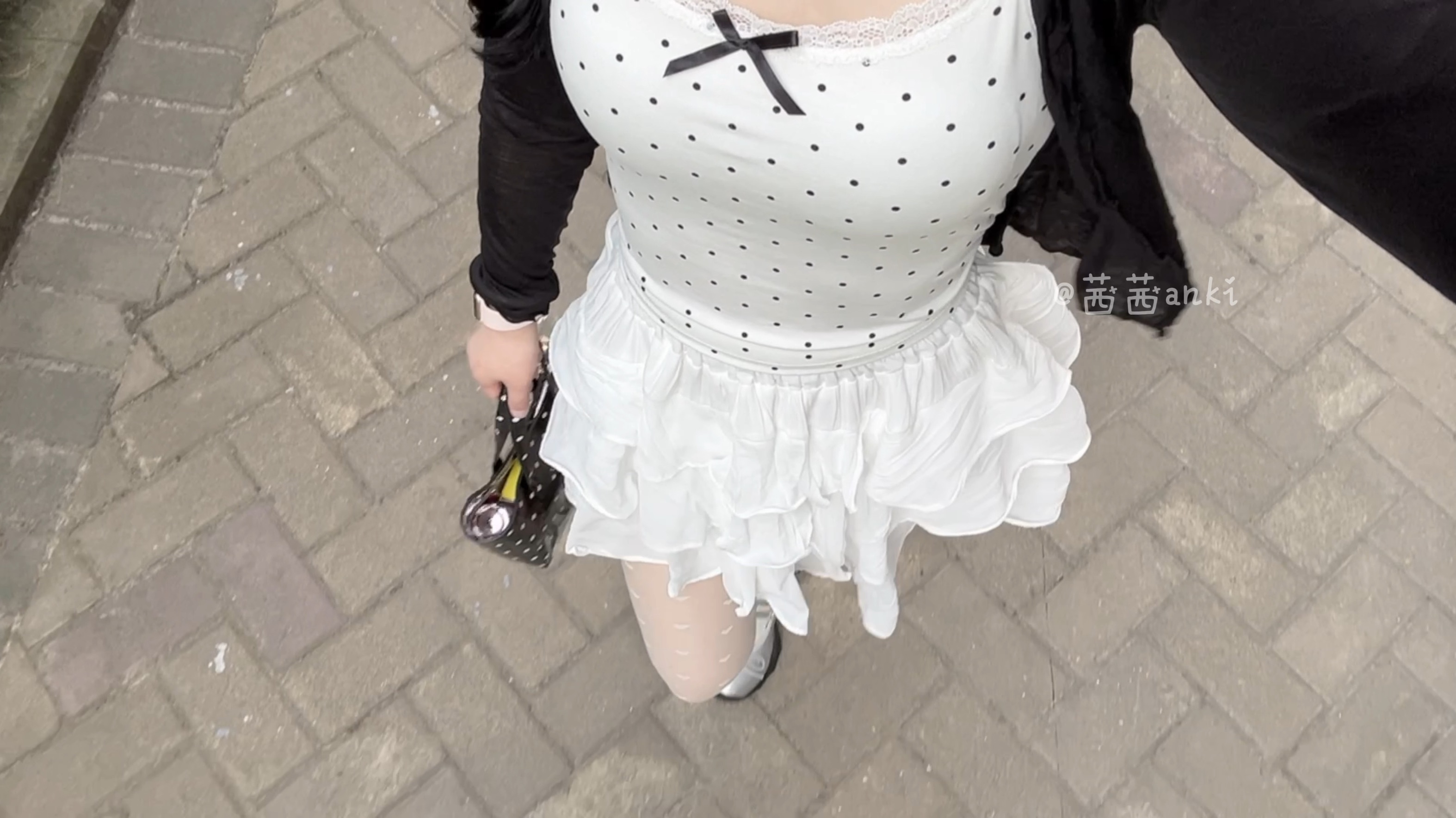 White silk + polka dot camisole + little white dress