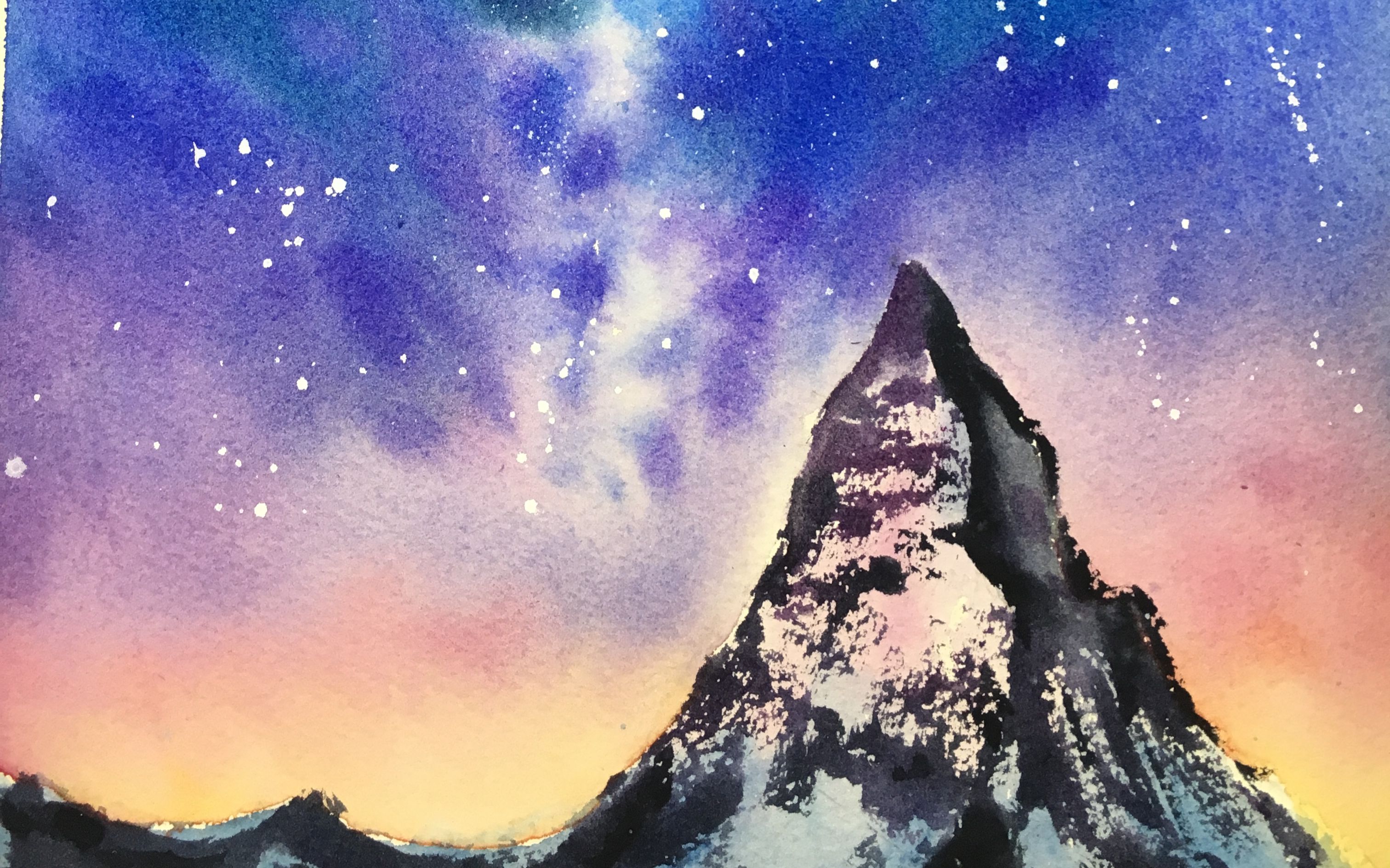 【手绘】星空雪山【水彩】图片