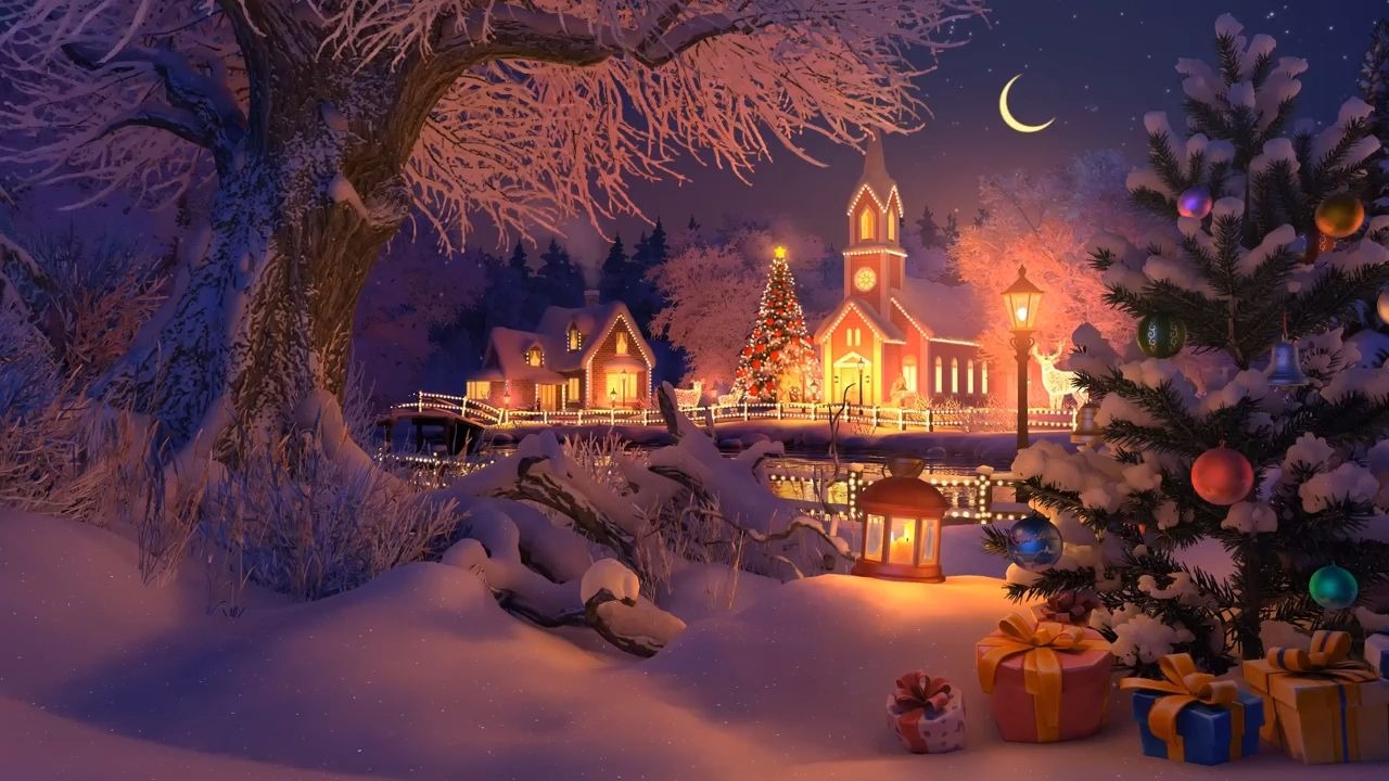 m4513 4K画质60帧唯美童话世界城堡圣诞节氛围圣诞树彩灯咖啡馆爵士音乐壁炉雪夜冬天雪景雪花飘落宁静的夜晚平安夜酒吧咖啡厅大屏幕led背景视频素材
