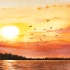 【水彩】米蒂风景数次《夕阳落日》暖暖的水彩画作品～