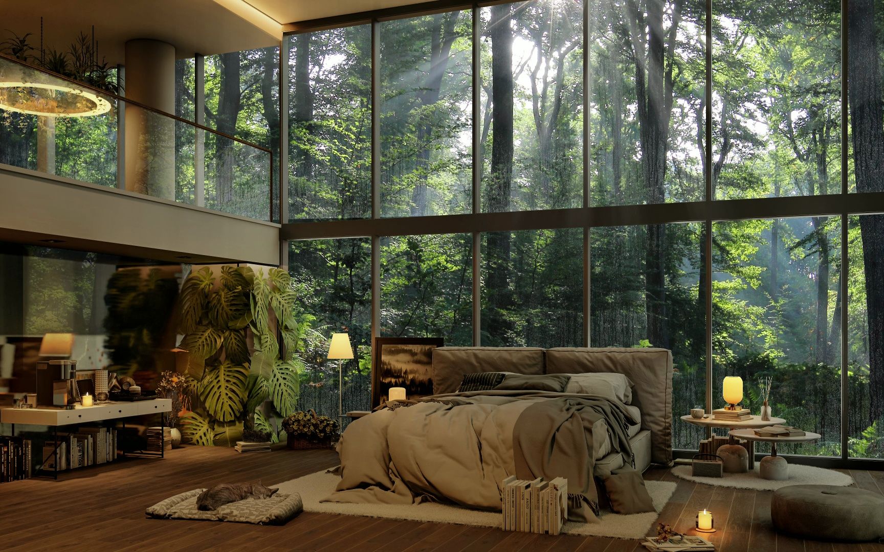 林间别墅 森林里的大落地窗卧室 适合工作、学习、睡眠的爵士乐