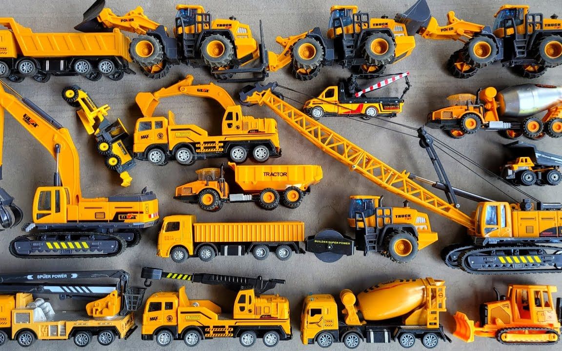 挖掘机、起重机和22辆黄色的玩具车大集合，能找到工程车和翻斗车