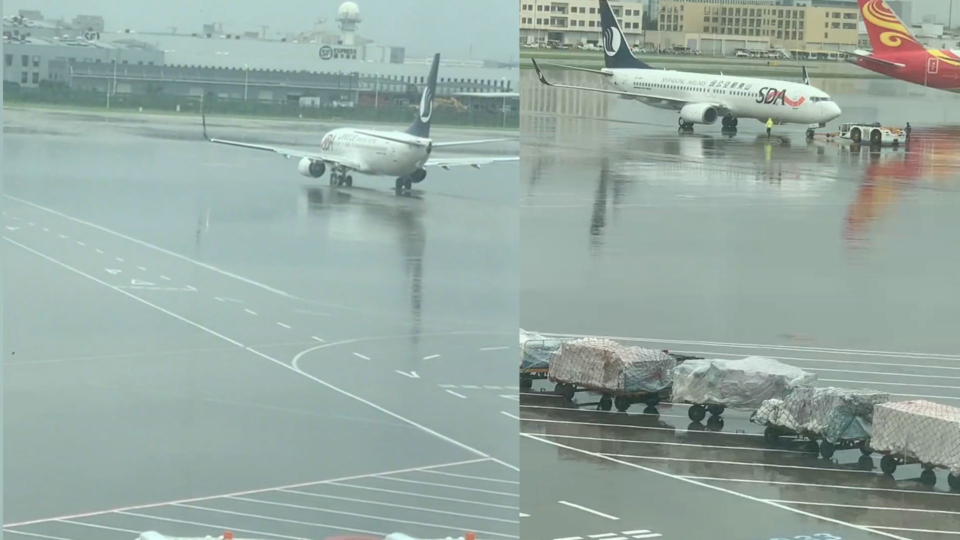 杭州下大雨航班大面积延误，山航跑道滑行“偷偷”起飞，女生看呆
