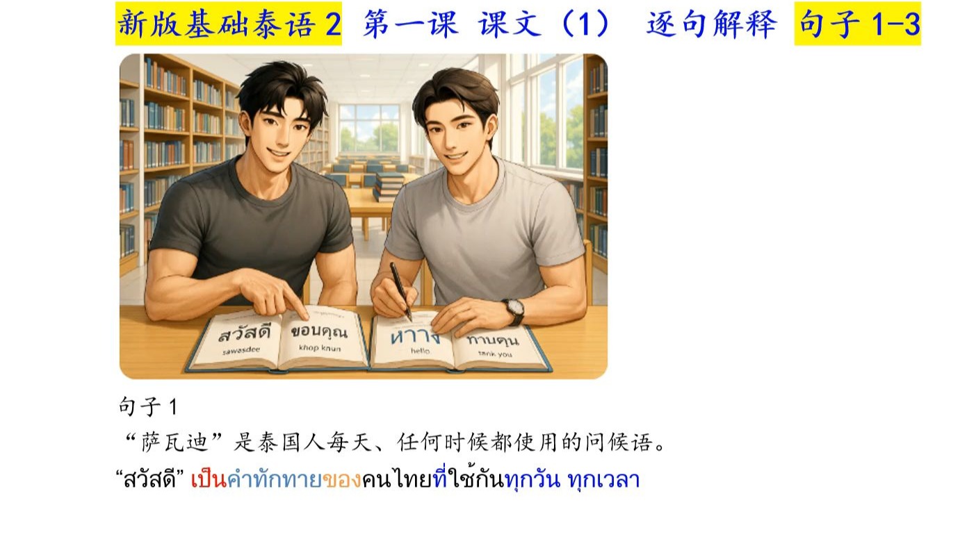 新基泰2 第一课 课文(1)。以全新的方式来学习基础泰语2 新版。泰国老师的纯正泰语发音，带读并以泰语解释每一个单词、句子的拼读、意思及用法。