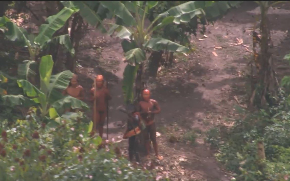 一个从未被发现过的亚马逊土著部落被航拍到，茅草屋、火堆、长矛