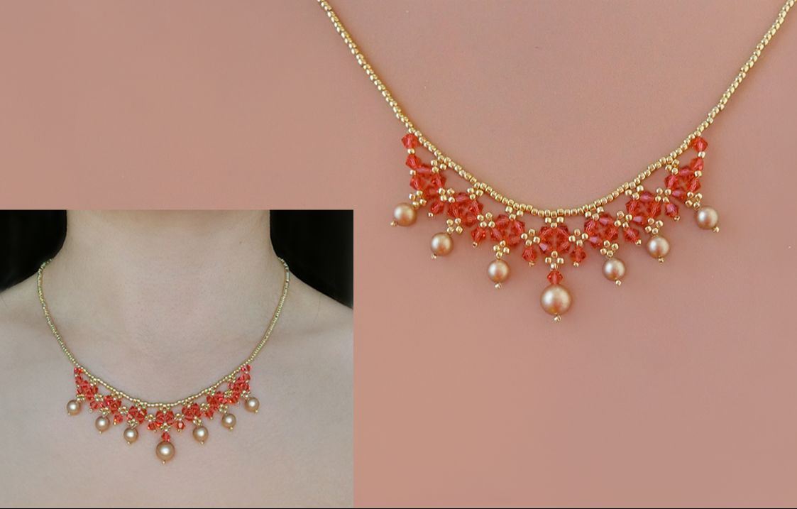 【悦的旋律】串珠项链教程：用红水晶搭配金色珍珠制作串珠项链、串珠教程