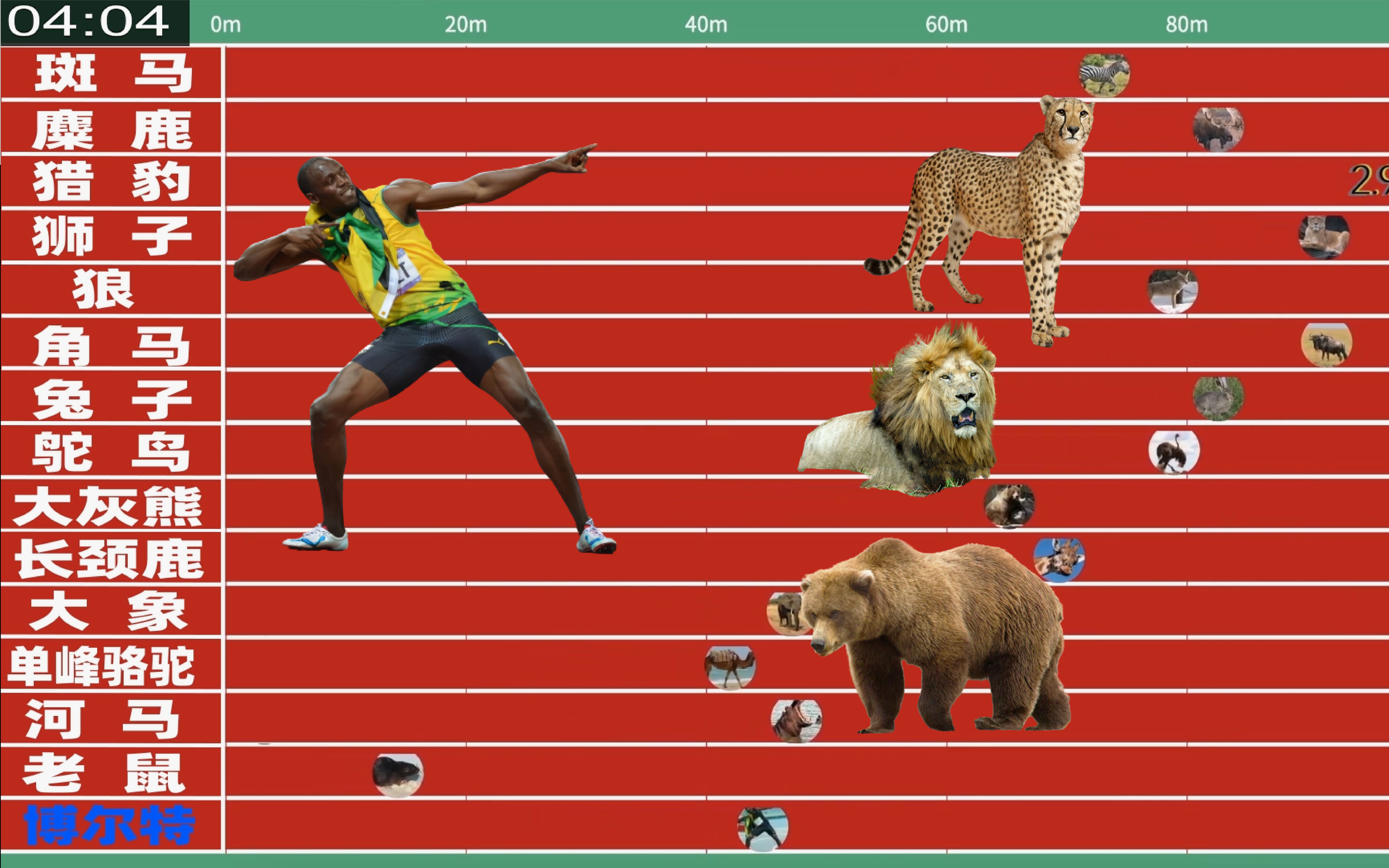 博尔特百米挑战14种动物！人类最快到底与动物差距多少呢？这支视频告诉您！