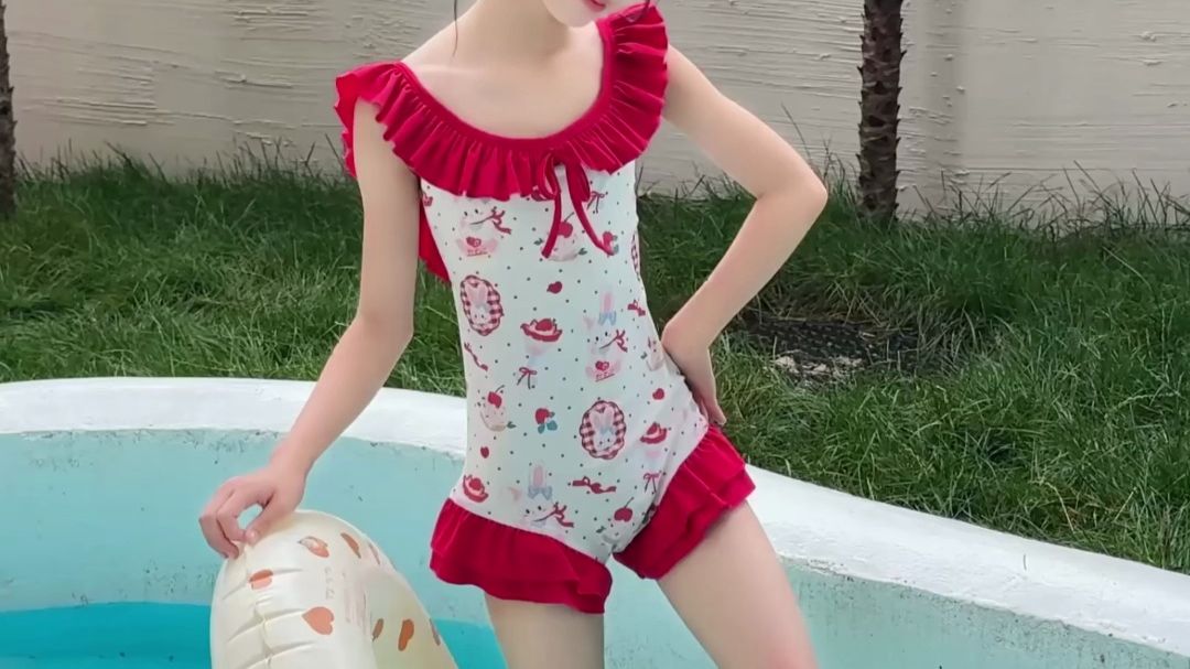女童可爱连体花边露背连体泳衣小女孩泳装