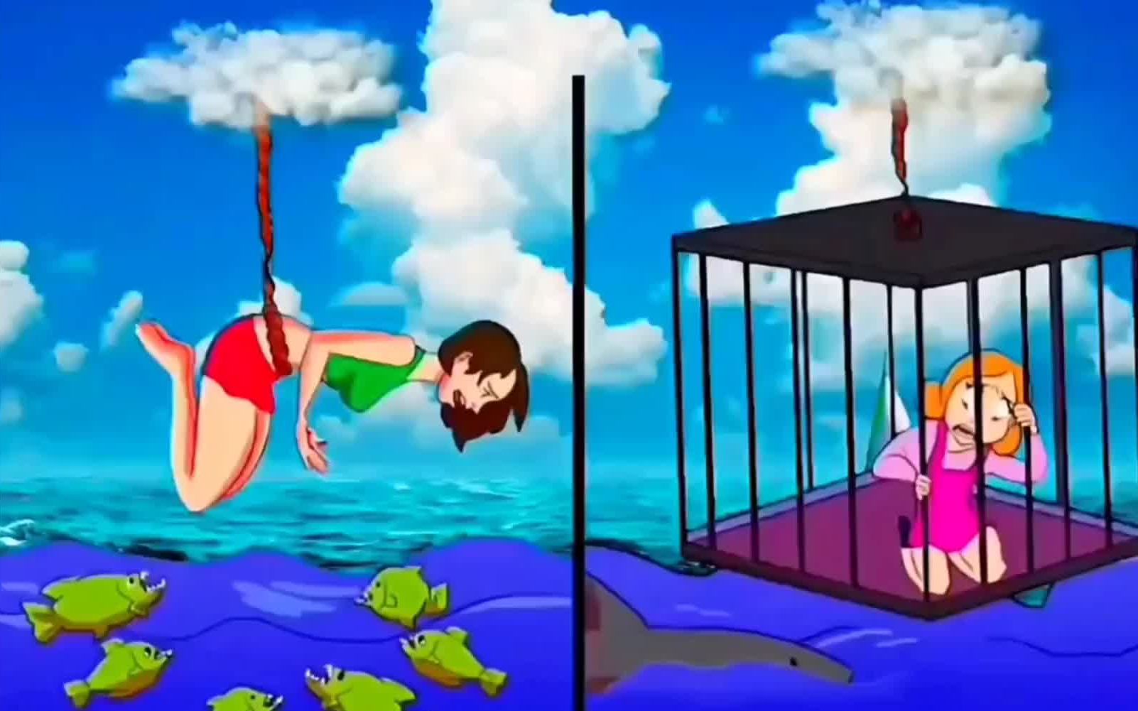 益智推理动画：仔细观察，动漫中水里面有大鲨鱼，到底哪个女人更危险呢？