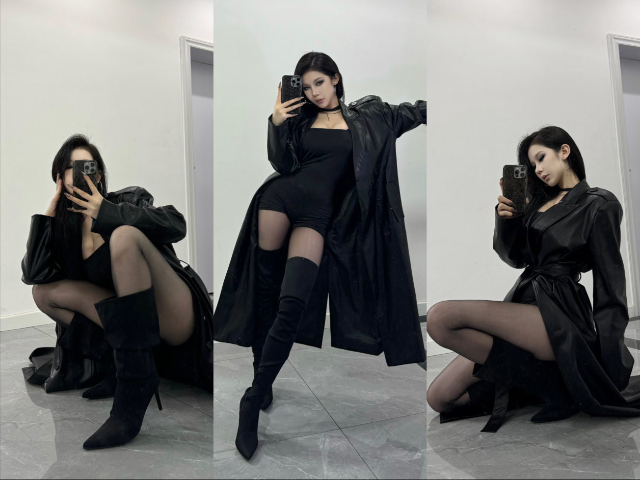 皮衣版御姐三要素：风衣 黑丝 高跟鞋