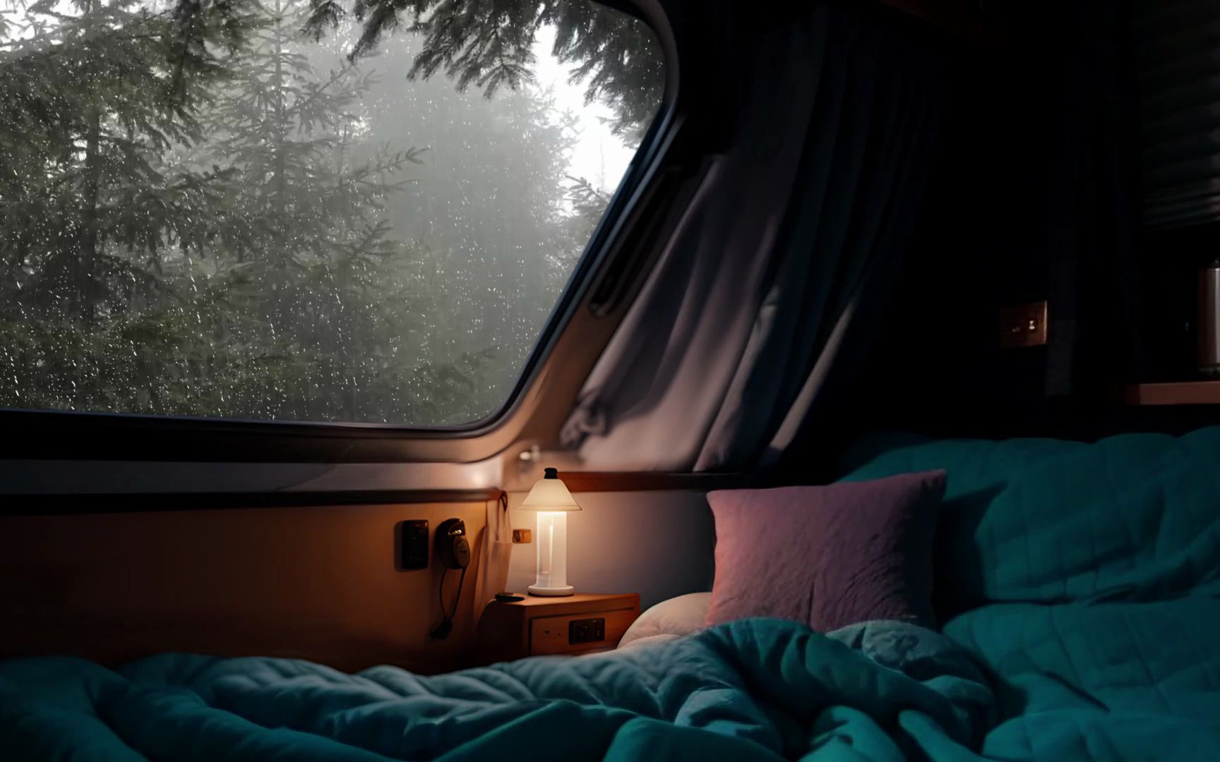 在雨天野外的舒适露营车里，噼里啪啦的雨点声，放松助眠氛围