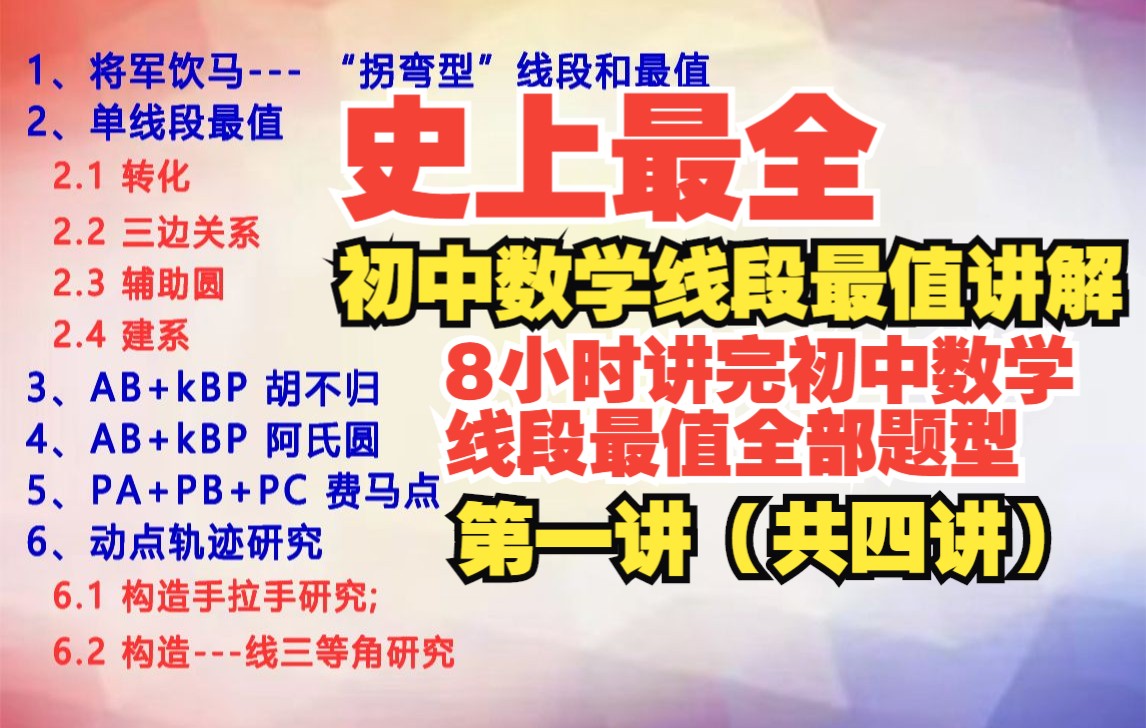 史上最全初中数学线段最值讲解——第一讲【8小时讲完初中数学线段最值全部题型：将军饮马、单线段最值、胡不归、阿氏圆、费马点、动点轨迹】