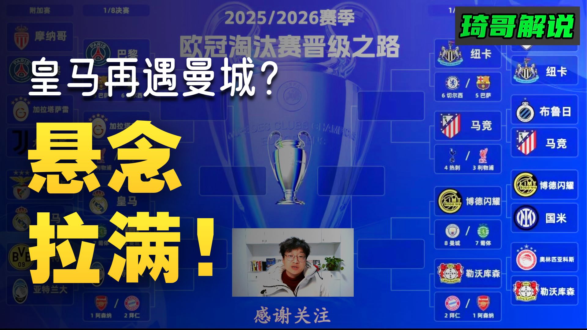 球评！解签！欧冠16强落位：英超全员晋级，亚特兰大意甲独苗，16进8巴黎必遇切尔西或巴萨，皇马曼城或再相遇