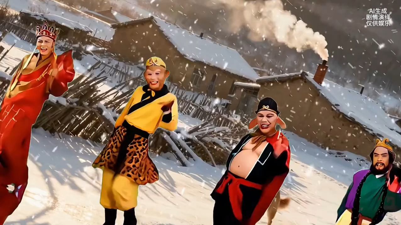 笑疯!西游 F4 在东北雪村跳谁家大美人,唐僧甩袈裟 八戒露肚皮,这画风太接地气：东北雪村冒烟雪地里,唐僧披袈裟悟空甩豹纹裤八戒露肚皮沙僧晃佛珠,组团跳谁家大美