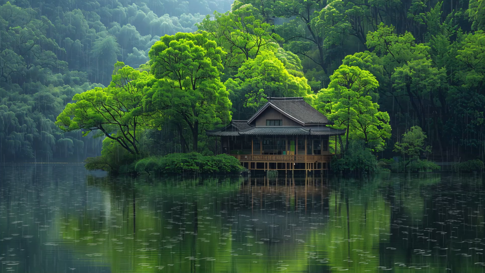 湖水旁的木屋，努力保持颗平静的心，让心中盈满一片澄澈平静的湖丨白噪音 雨声 放松解压 失眠助眠 缓解焦虑 学习 工作丨