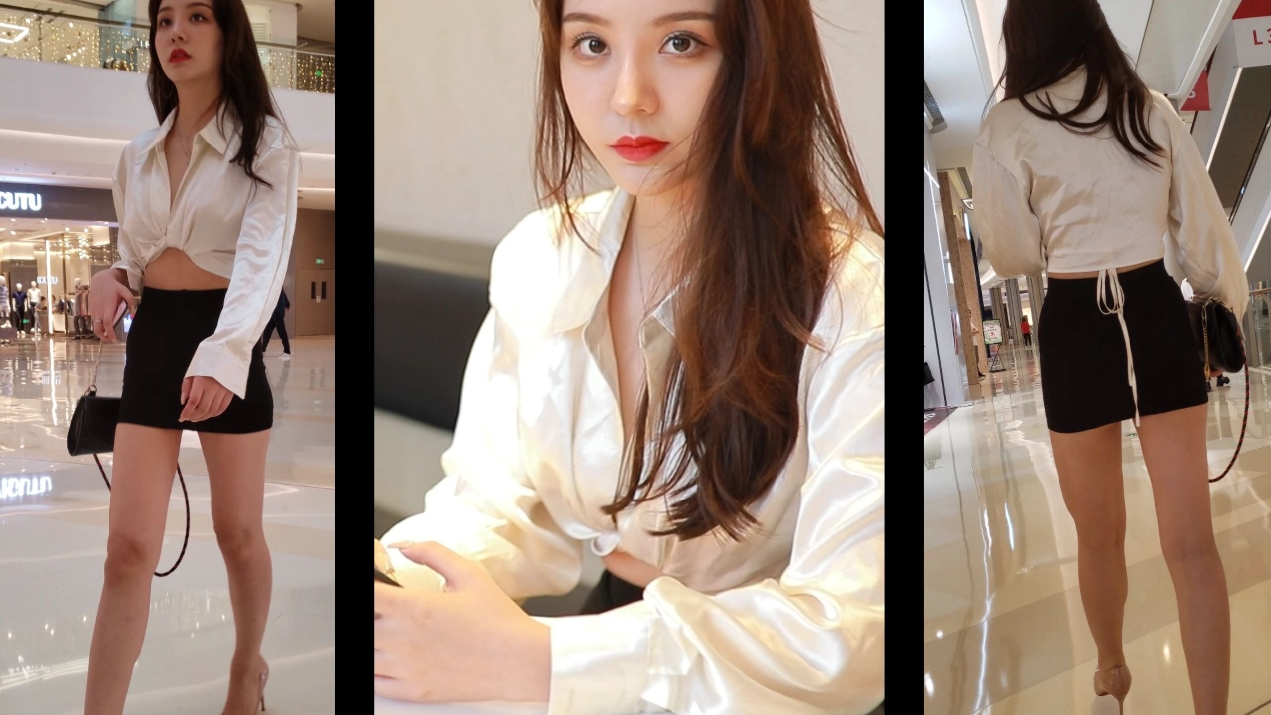 黑色包臀裙 肉色亮高跟鞋