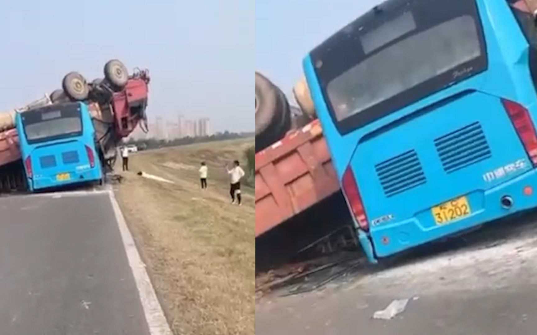 蚌埠一公交车被大货车拦腰砸扁，公交公司：剧组拍电影不是车祸