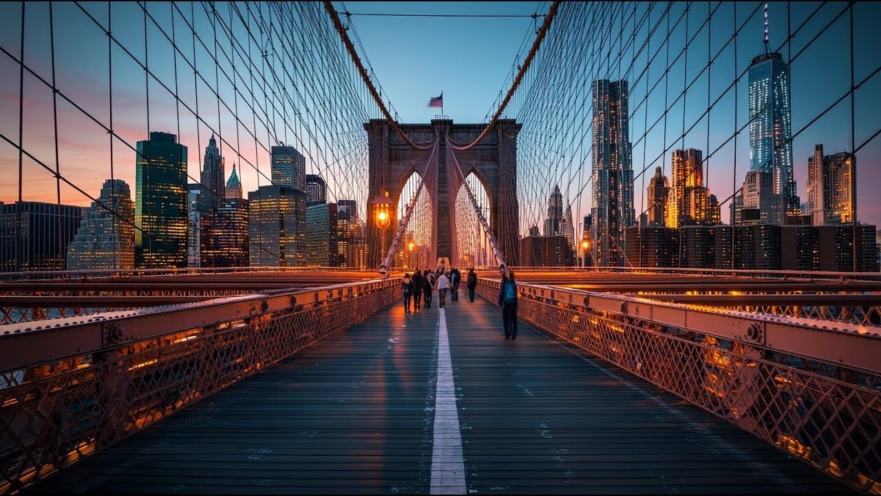 【4K纽约】黄昏漫步布鲁克林大桥上感受纽约夜景