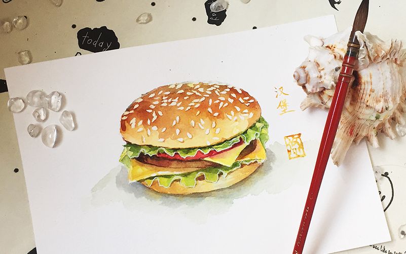 【水彩过程】票选第二名:一个汉堡包的范画