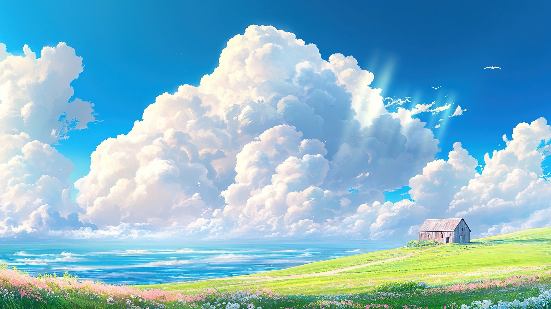 治愈唯美草原小屋蓝天白云-场景动态