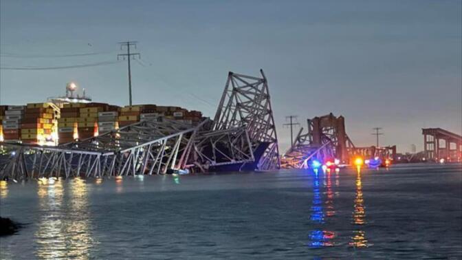 美国.马里兰州巴尔的摩大桥被一艘大型货船撞塌
