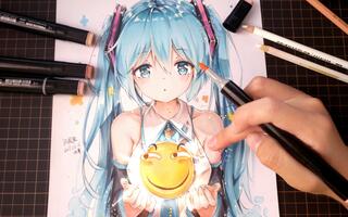 【马克笔手绘】下雨天,滑稽和miku更配哦