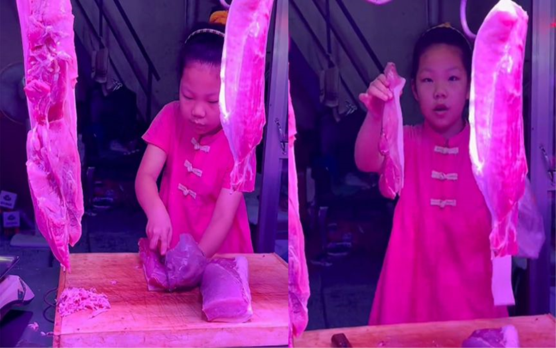 10岁女孩帮父母看摊卖猪肉，操刀麻利动作娴熟，得知原因后太心疼