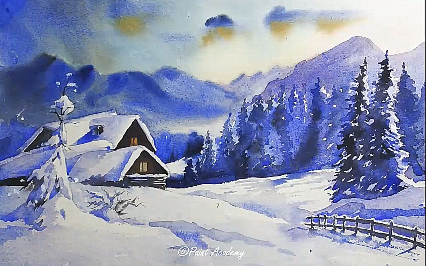 水彩水彩画中的冬季风景画paintacademy分享搬运