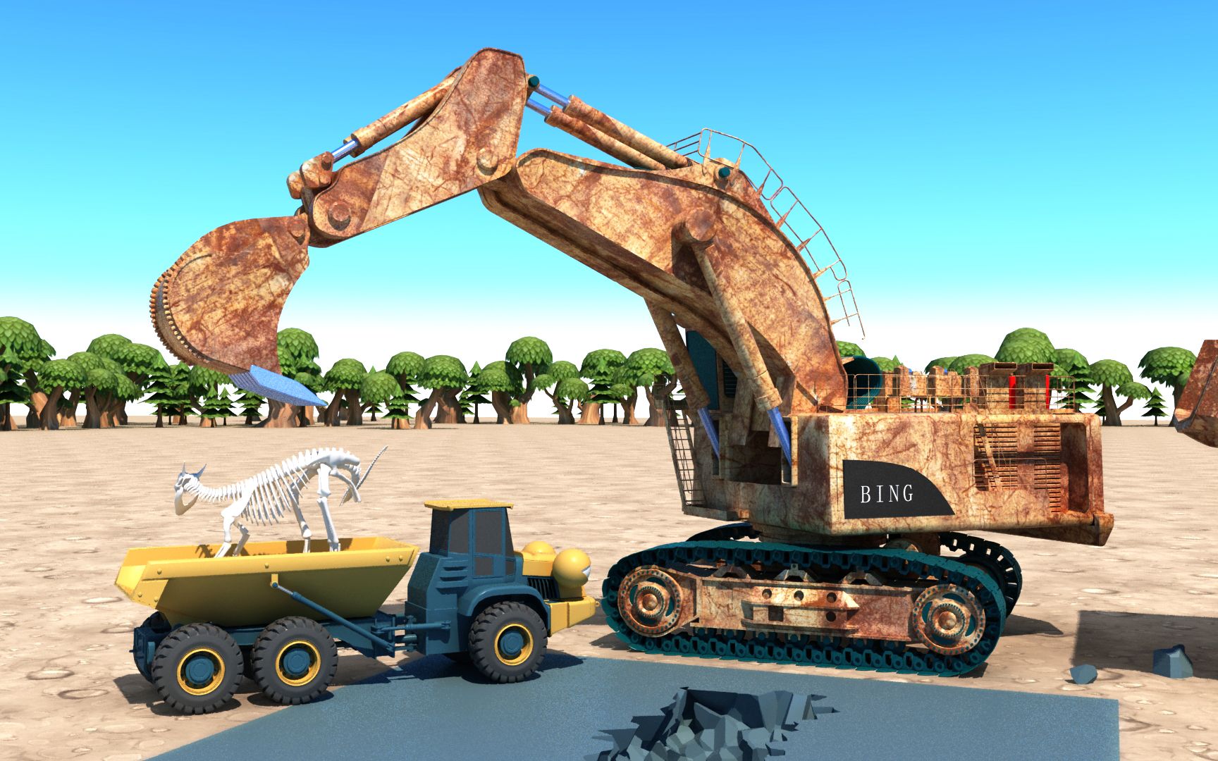 现代推土机挖掘机恐龙河马玩具组合3D模型-免费3dmax模型库-欧模网