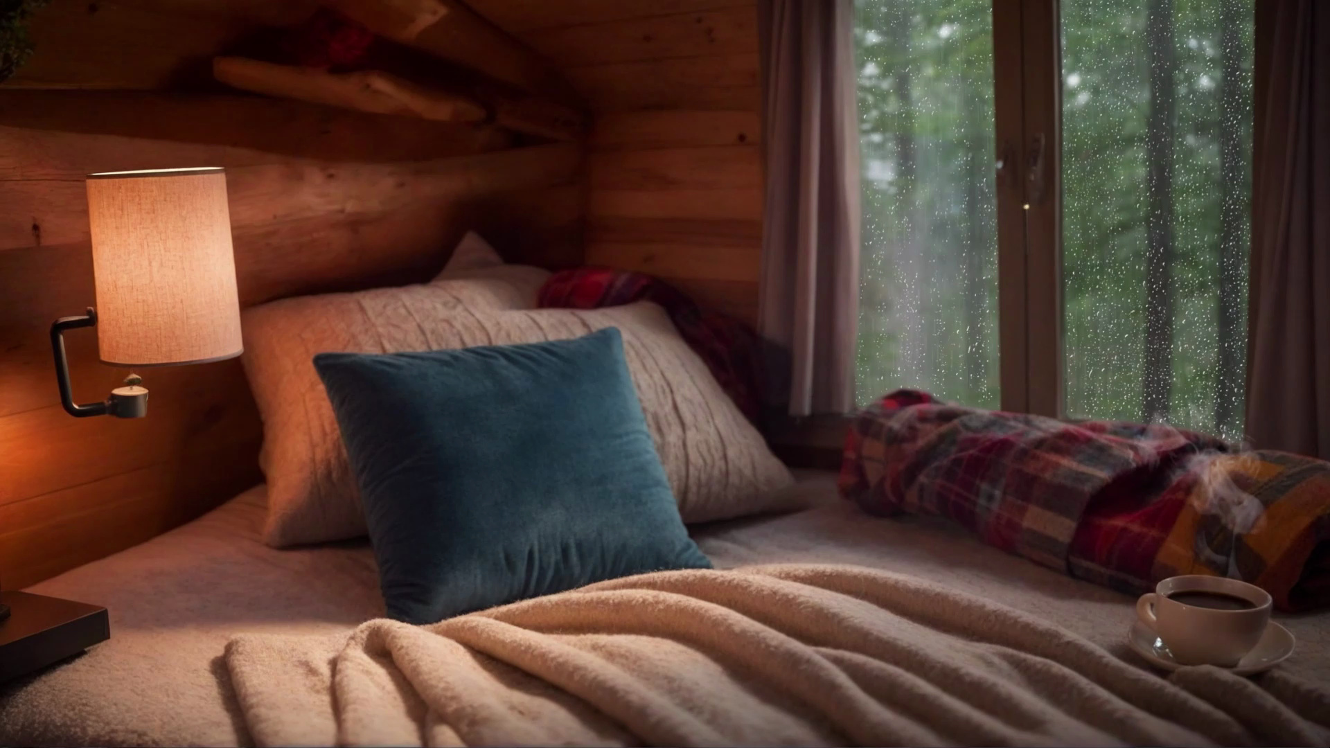 在一个雨天舒适小木屋里，听着森林雨声，放松地睡眠