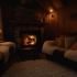 暴风雪天气肚子呆在小屋客厅，点燃壁炉的篝火，地上有鹅绒地毯，沙发温暖舒适