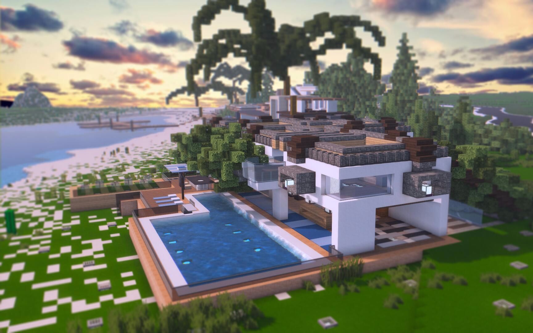【Minecraft我的世界】大型现代别墅建筑教程+内饰分享【room tour#06】_哔哩哔哩_bilibili