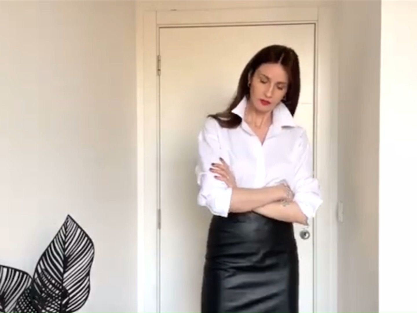 Black silk package hip short leather skirt patent leather fine heel red bottom high heels