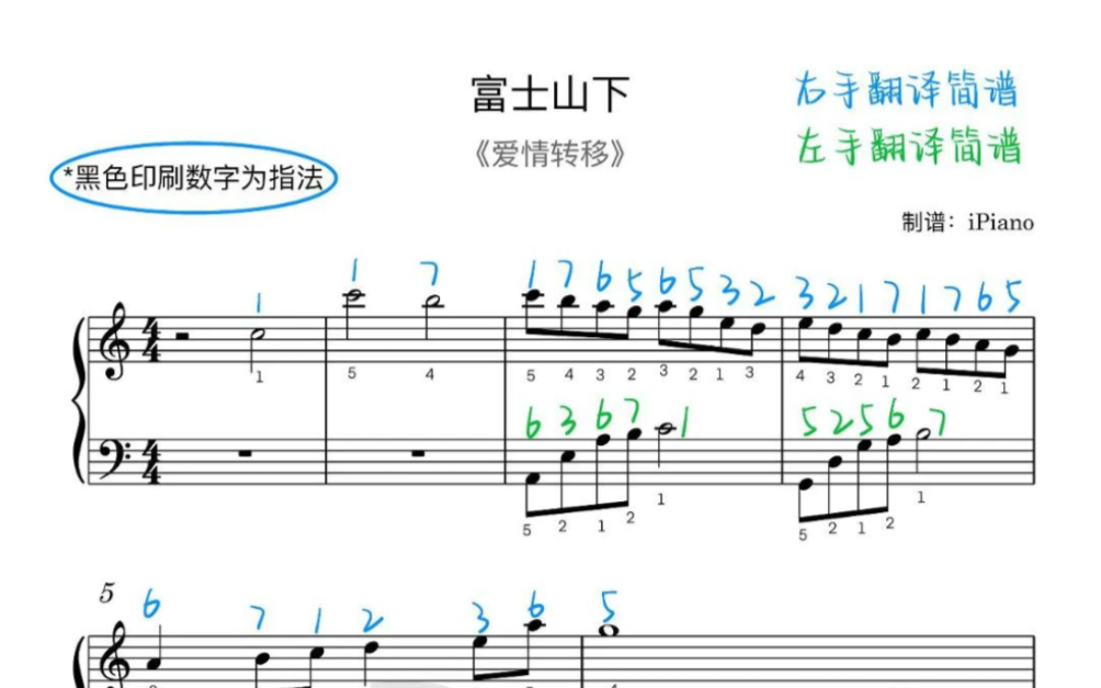 《富士山下》钢琴五线谱+翻译简谱+指法
