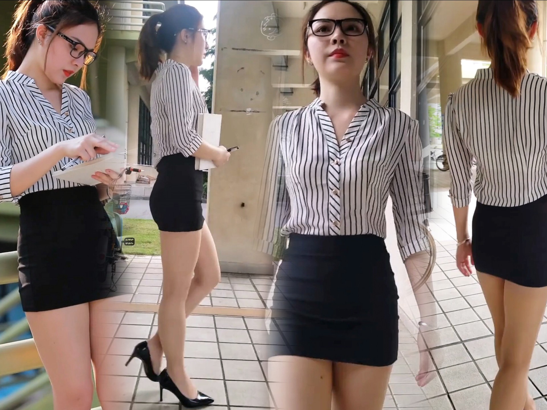 校园街拍：条纹衬衫+黑色包臀裙的知性穿搭范本