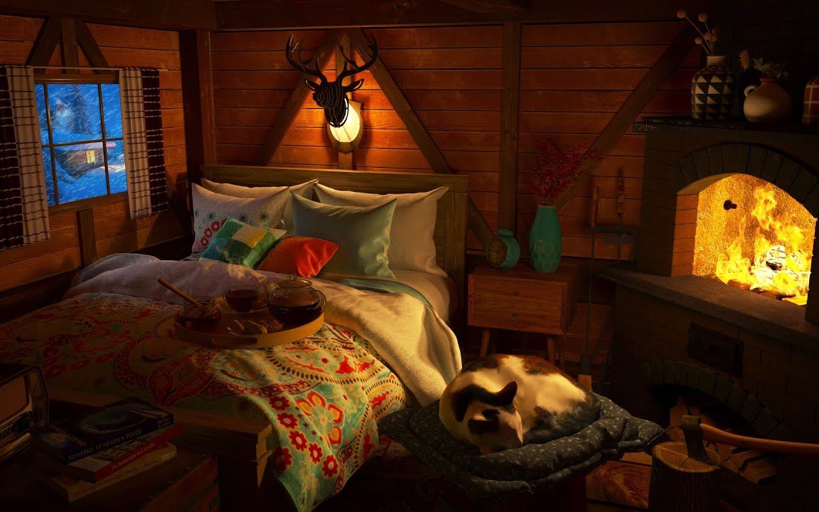 【ASMR白噪音】 小屋氛围 | 在舒适的冬季小屋中，暴风雪、呼啸的风声和壁炉的声音