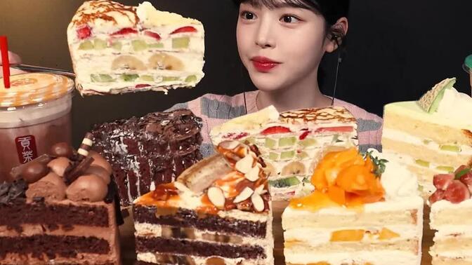 【Boki 中字】巧克力蛋糕、千层蛋糕、水果蛋糕、珍珠奶茶，甜点吃播！！
