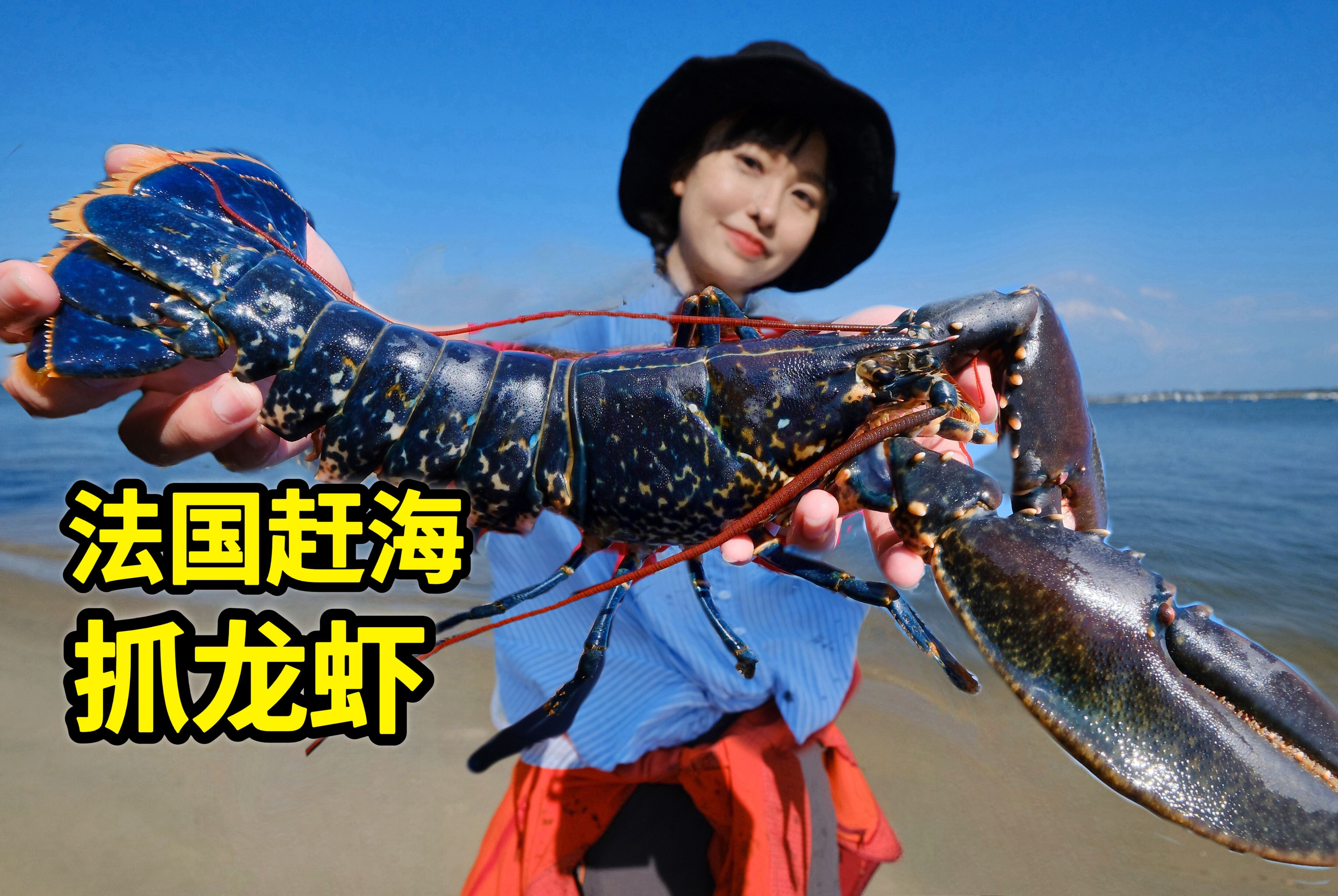 法国赶海抓龙虾，4斤重巨大蓝色龙虾，做龙虾刺身甜脆