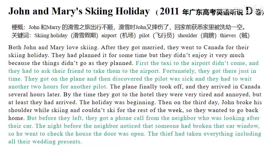 2011年广东高考英语听说考试【D卷】Retell - John and Mary's Skiing Holiday