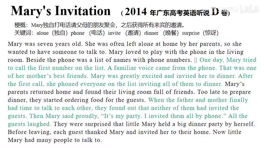 2014年广东高考英语听说考试【D卷】Retell - Mary's Invitation