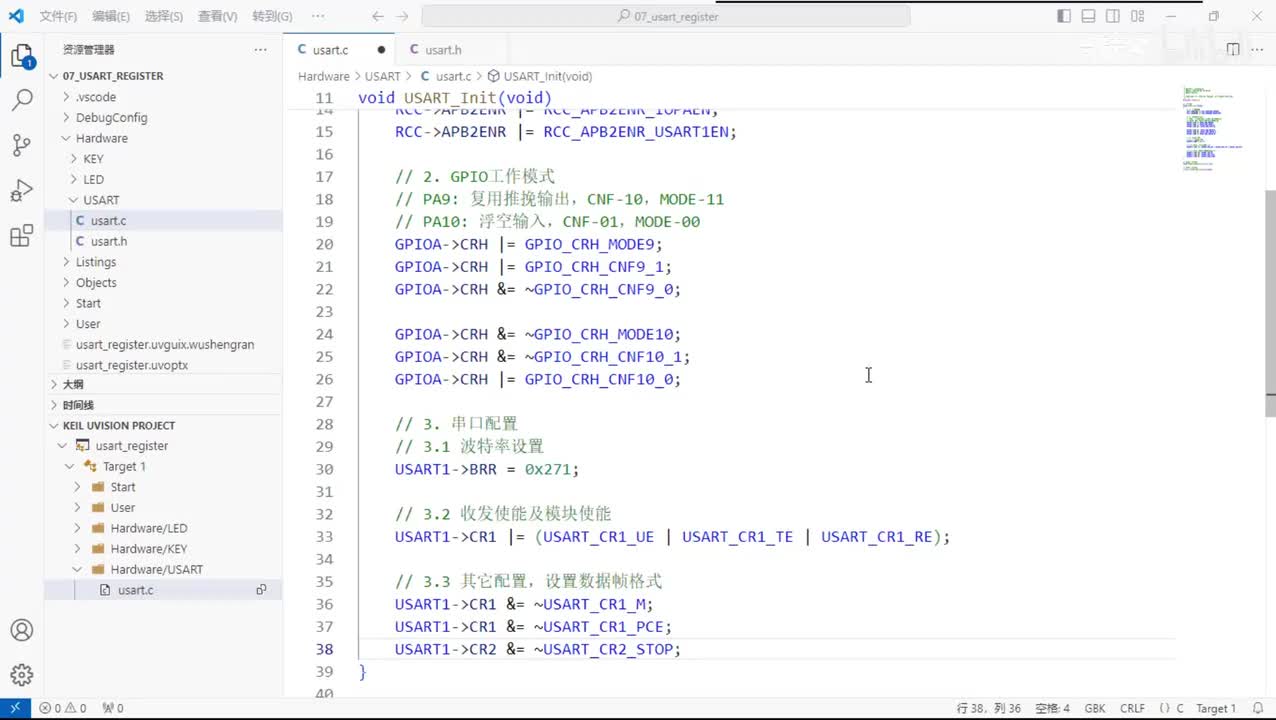 063_USART_串口通讯案例_轮询方式寄存器实现_收发单个字符