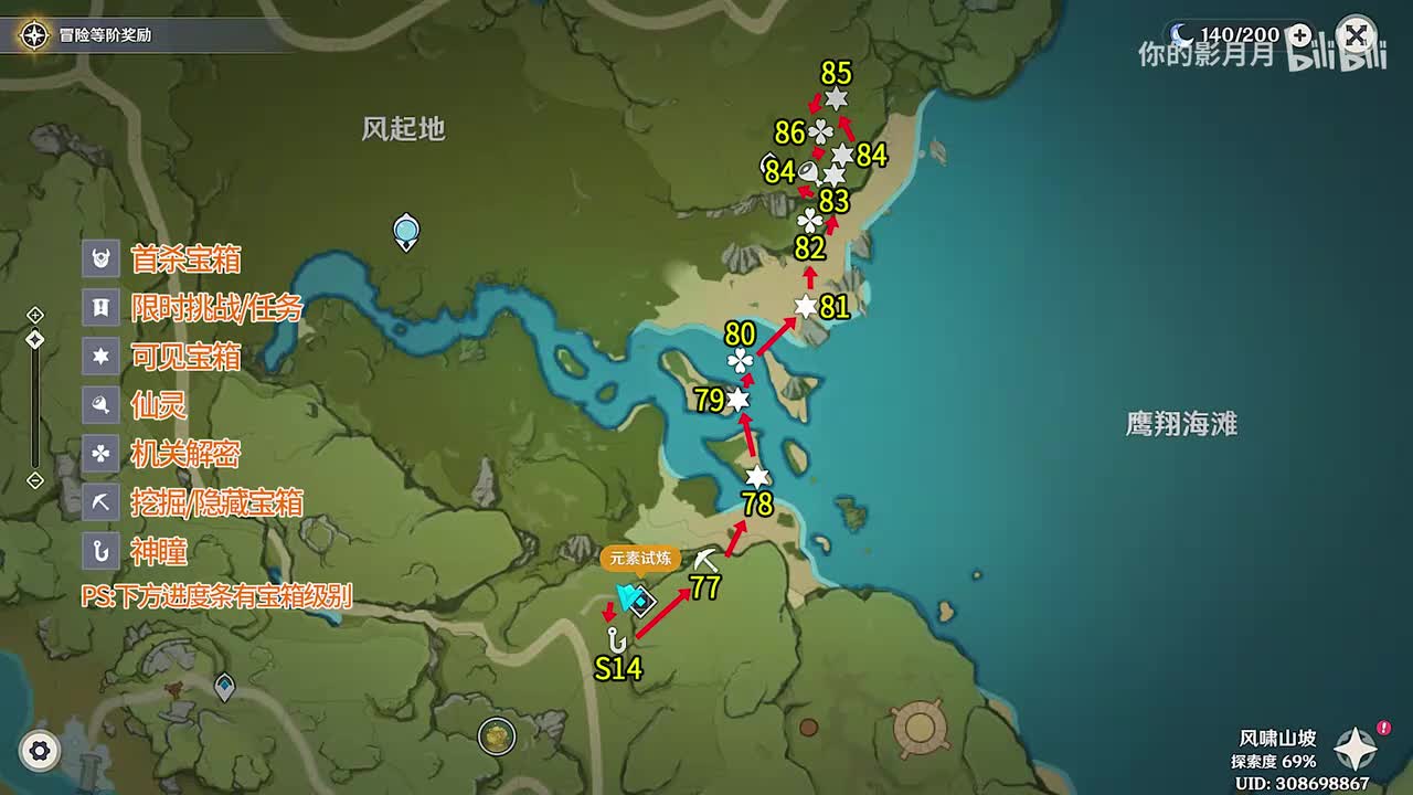 鹰翔海滩 共10个(77-86)成就数86 神瞳14