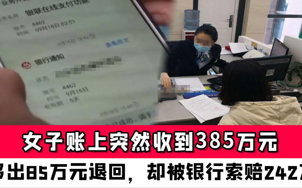 女子账上突然收到385万元,将多出的85万元退回,却被银行索赔242万利息哔哩哔哩bilibili