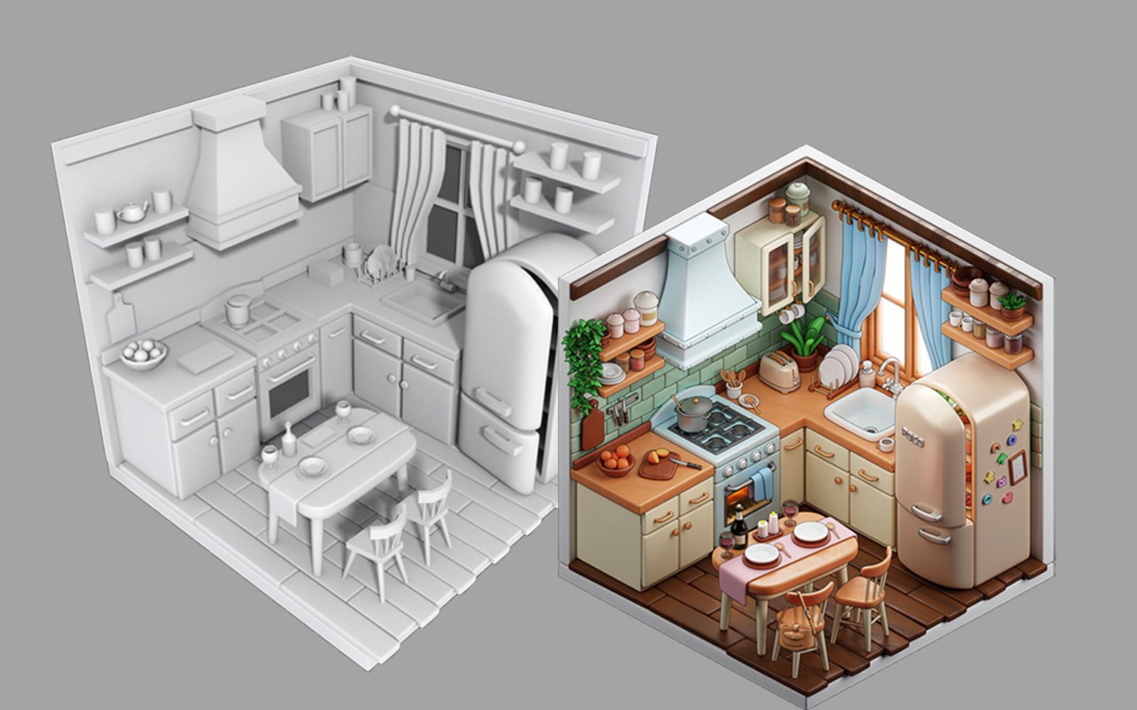 【3dmax建模】从box开始,卡通厨房场景模型制作,3dmax新手入门场景