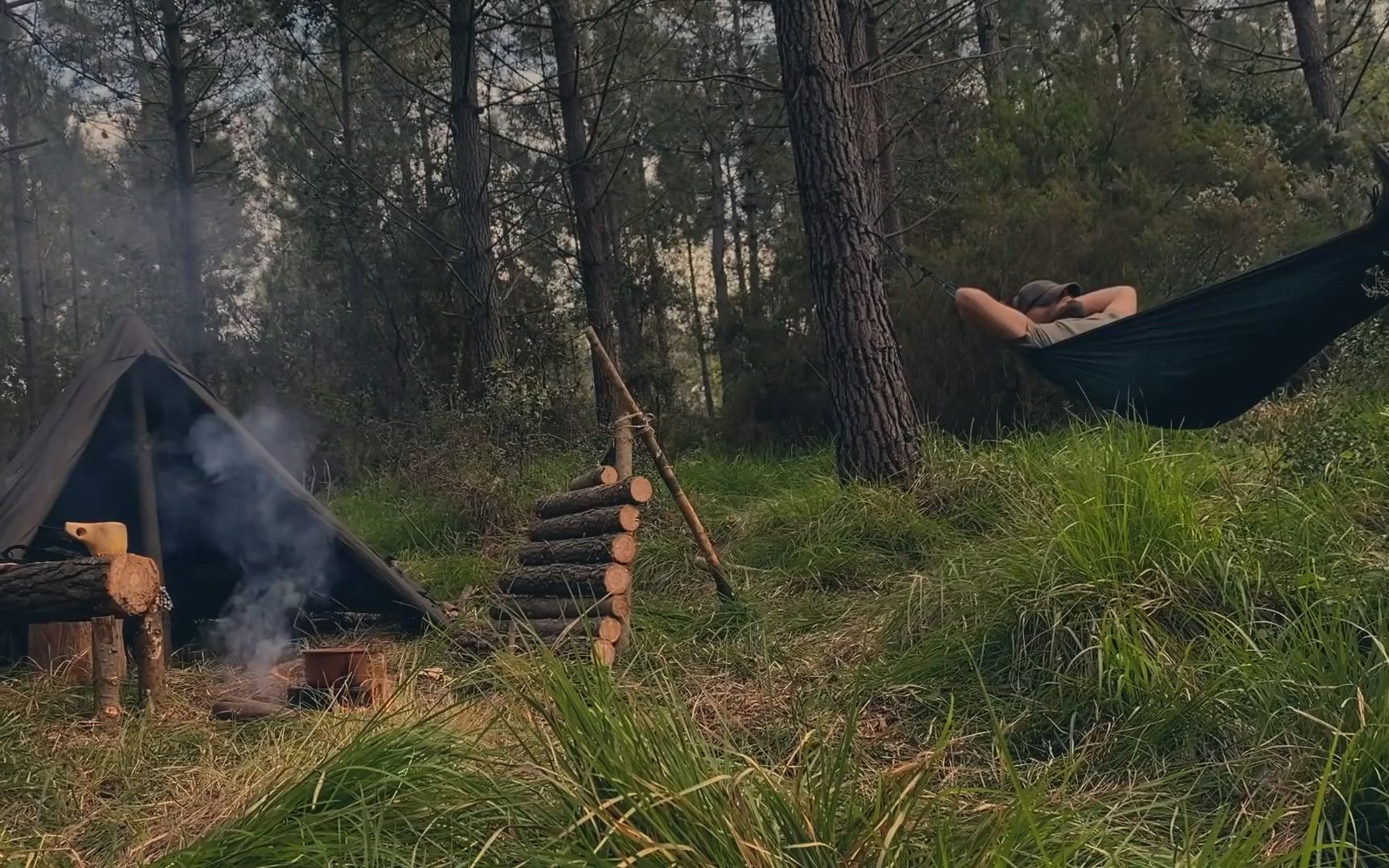 丛林野营——独自在大自然中,钓鱼,做饭,在树林里度过一天_哔哩哔哩