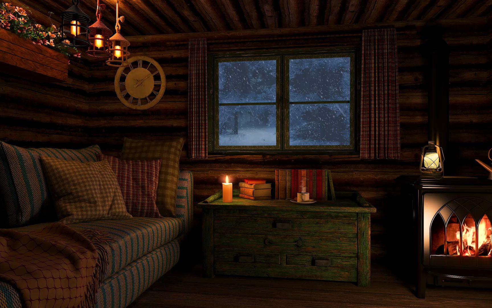 暴风雪的小木屋避难所丨听着暴风雪的声音入睡丨温馨小木屋环境bgm