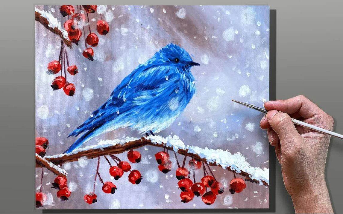 【丙烯画】【绘画教程】【中字】冬天的小鸟-how to paint winter